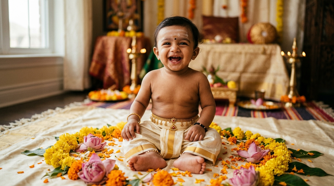 Traditional Pattu Veshti & Gold Arana Kayiru 1st Year Milestone