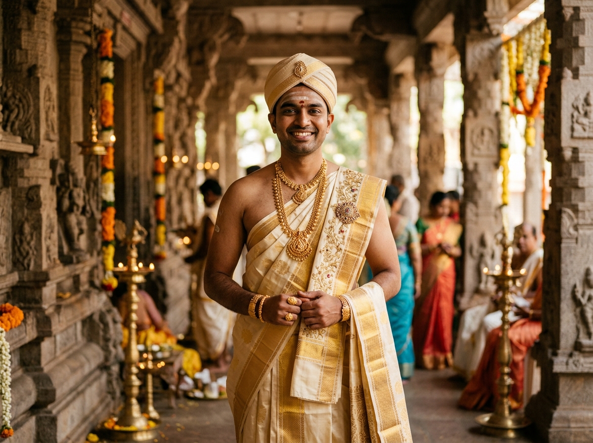 Regal Temple Groom Portrait in Pure Silk