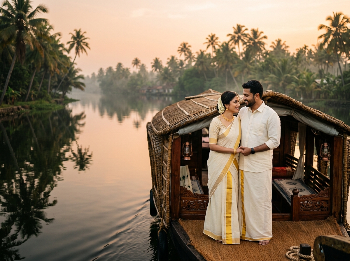 Alleppey Kettuvallam Boathouse Dawn • Traditional Kasavu